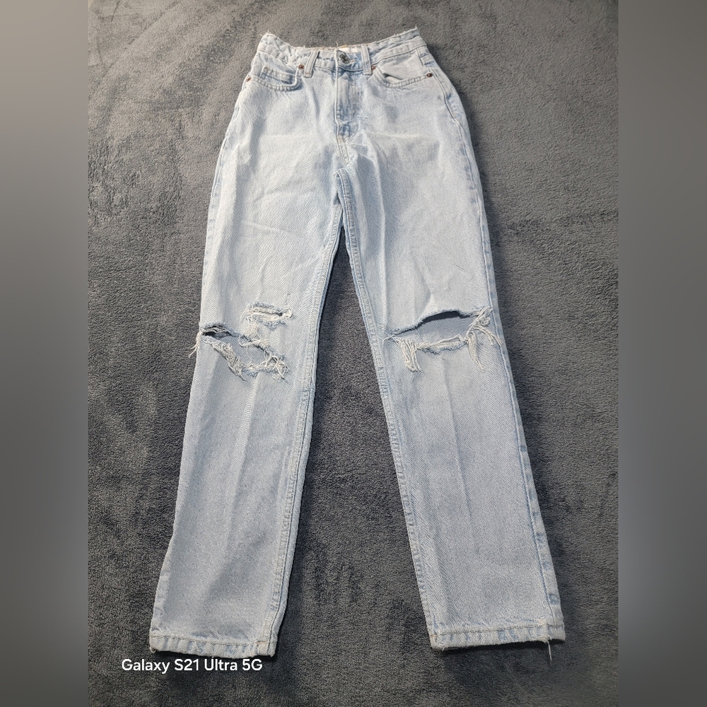 ZARA High Rise Straight Leg Rigid Denim Jeans Light Wash Ripped Knees Size 0